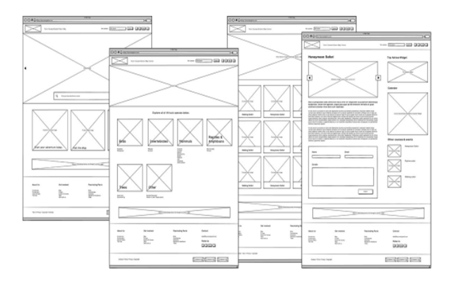 screenshots of Low fidelity wireframe without color indicating displaying page layout and elements.