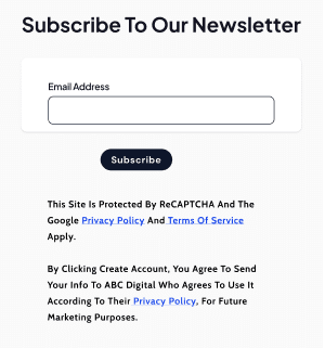 Subscription email field with the reCAPTCHA and Google Terms of Services links underneath.
